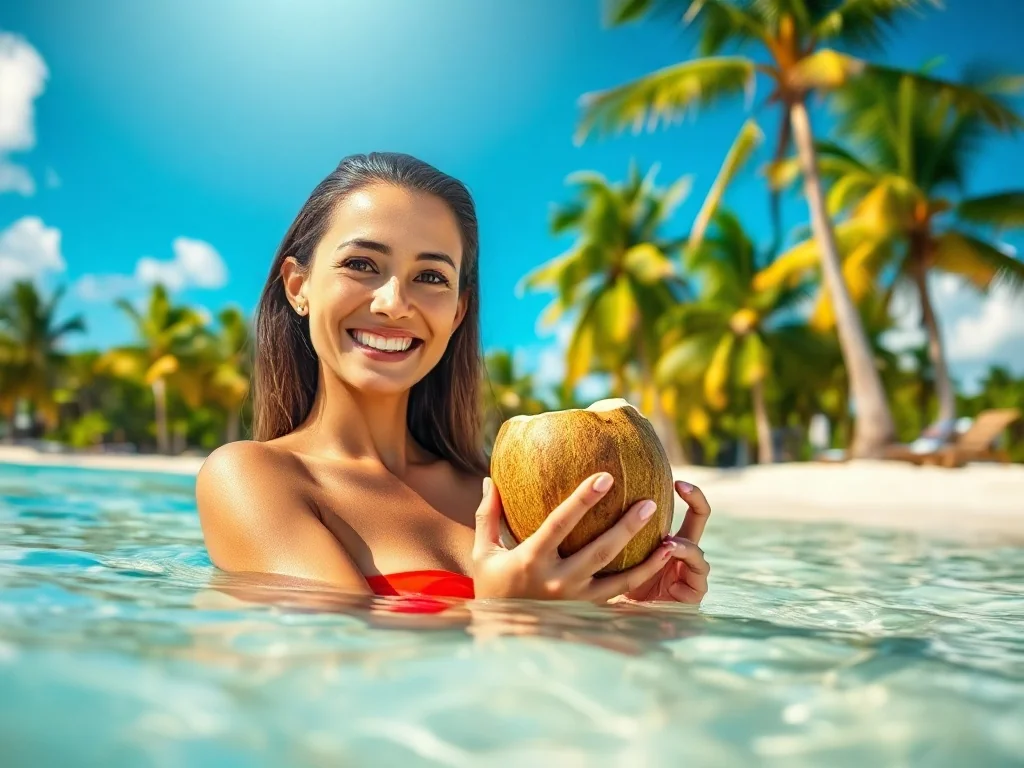 Uśmiechnięta kobieta relaksująca się z kokosem na rajskiej plaży z turkusową wodą i palmami na Dominikanie.