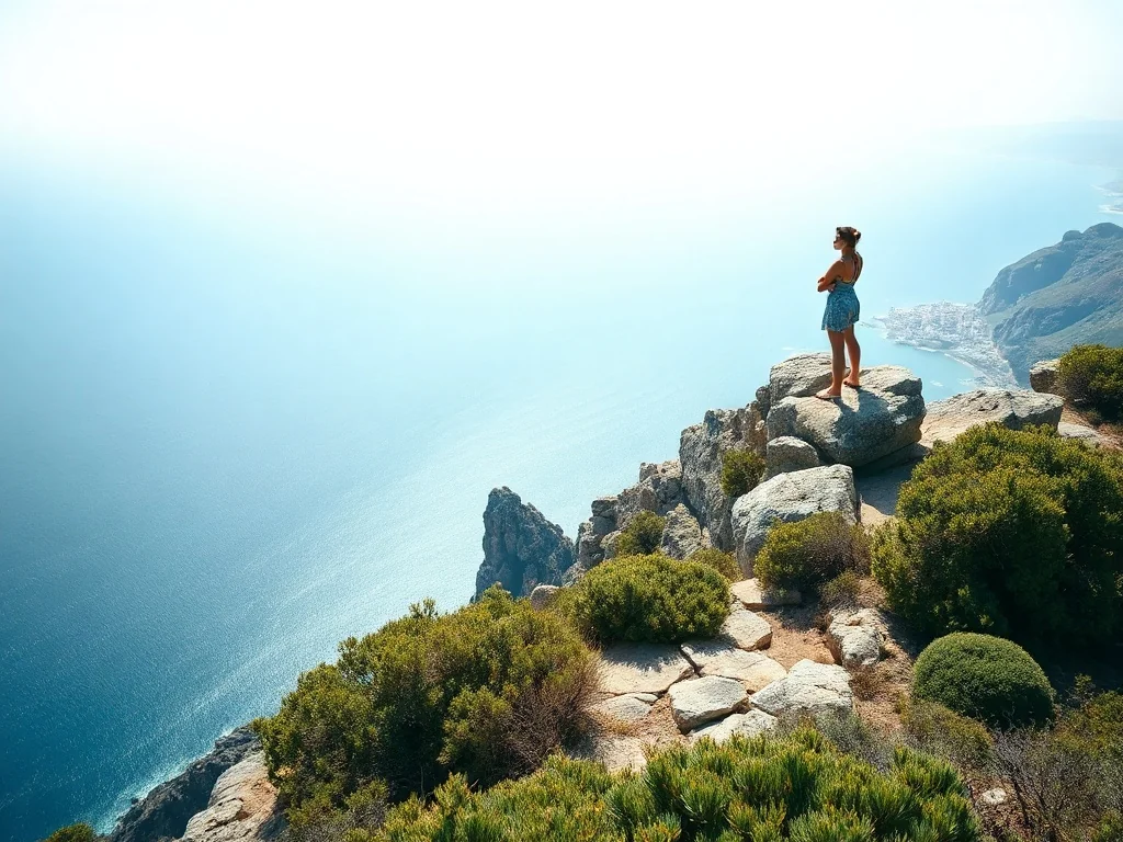 Kobieta podziwiająca panoramę Cieśniny Gibraltarskiej z widokiem na wybrzeże Afryki ze szczytu Skały Gibraltarskiej.