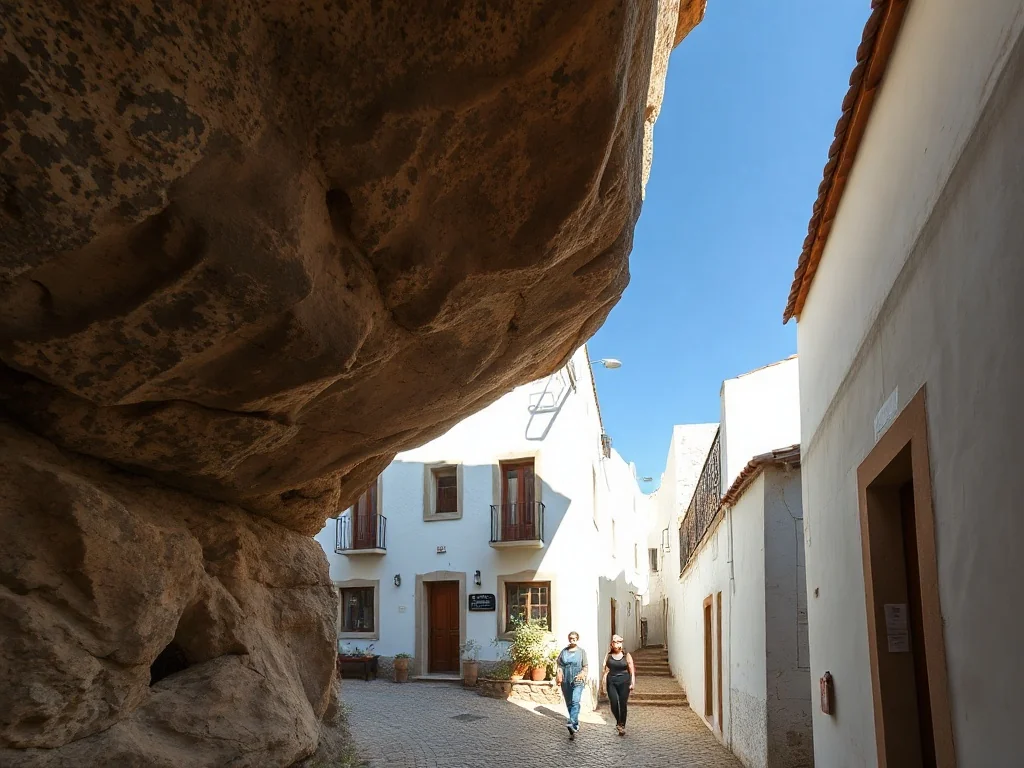 Wąska uliczka w Setenil de las Bodegas, gdzie białe domy wtopione są w potężne, naturalne skalne nawisy.