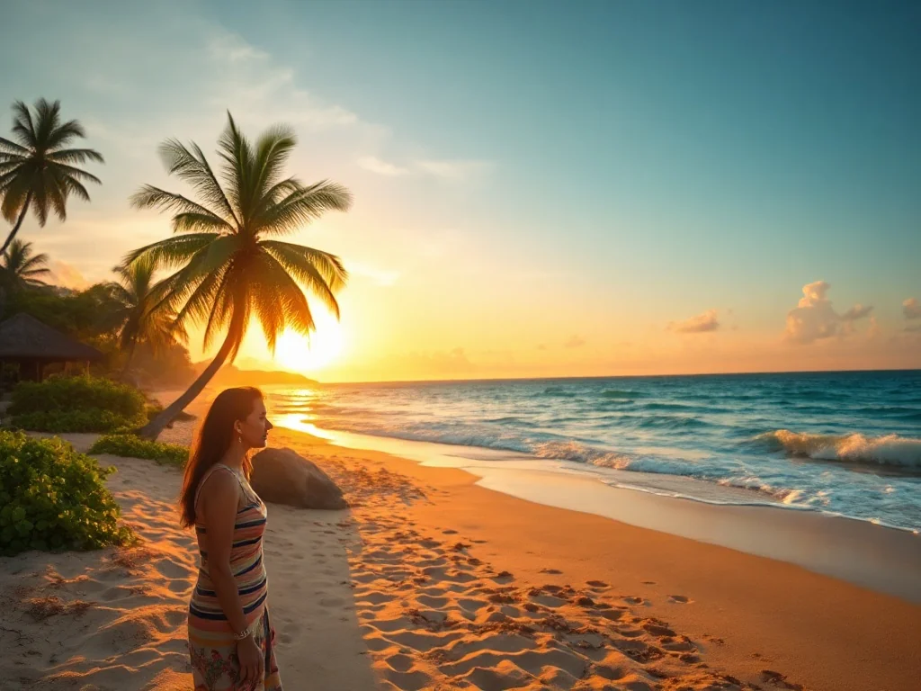 Kobieta podziwiająca zachód słońca na piaszczystej plaży Sri Lanki w otoczeniu palm i turkusowego oceanu.