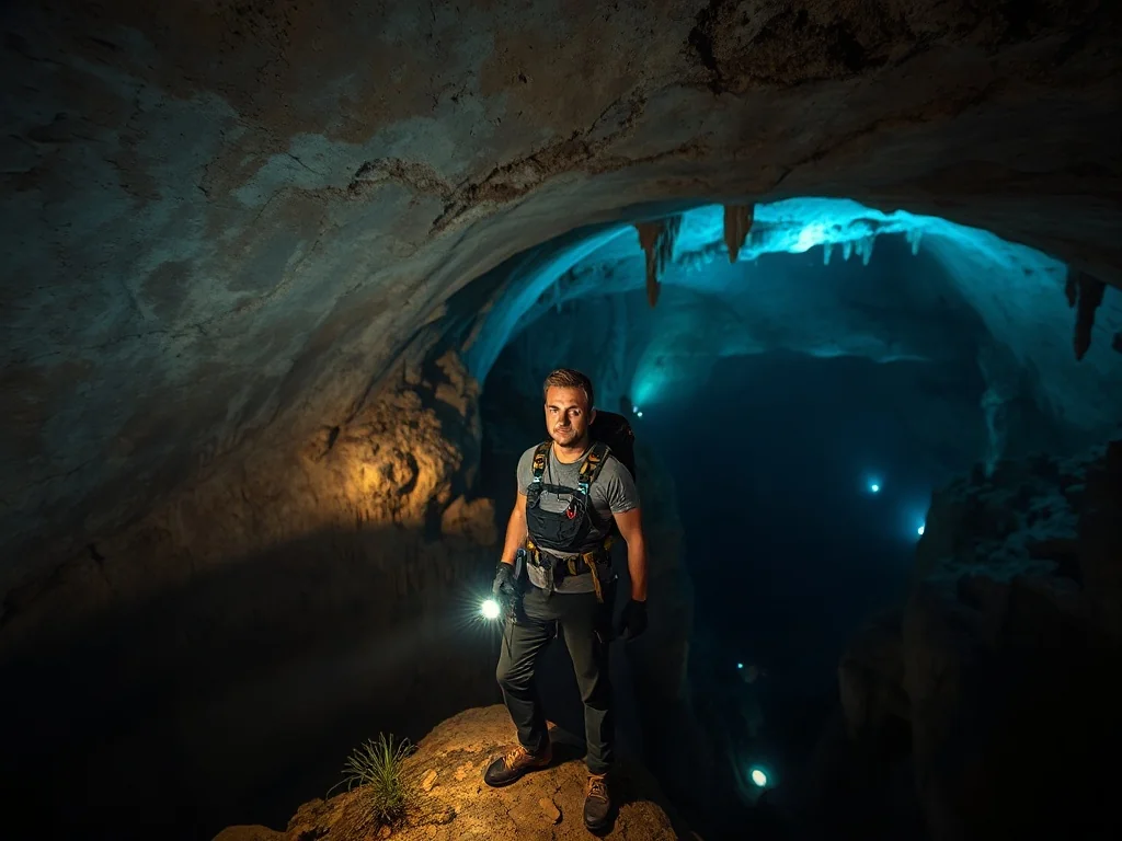 Speleolog w profesjonalnym sprzęcie stoi na skalnym występie wewnątrz ogromnej, majestatycznej jaskini.