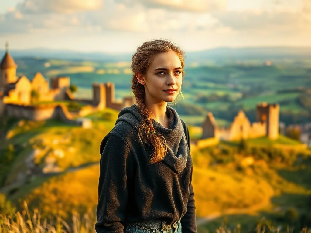 Kobieta podziwiająca panoramę średniowiecznych ruin zamku na tle zielonych wzgórz podczas złotej godziny.